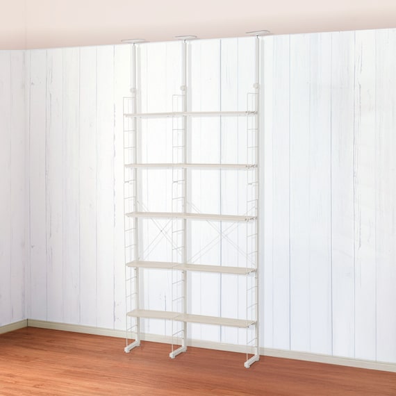 幅100cmセット奥行スリム 【幅40+60/棚板10枚】突っ張り壁面収納Nポルダ スリムタイプ2連 ホワイトウォッシュ 1枚目画像