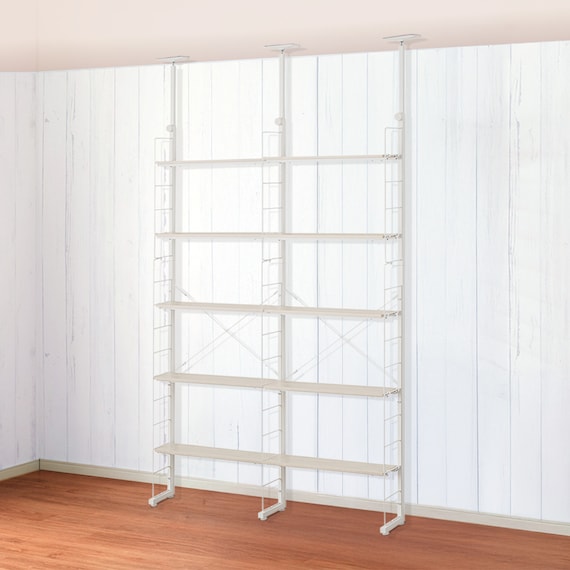 幅120cmセット奥行スリム 【幅60+60/棚板10枚】突っ張り壁面収納Nポルダ スリムタイプ2連 ホワイトウォッシュ 1枚目画像