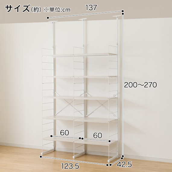 幅120cmセット奥行深 【幅60+60/棚板10枚】突っ張り壁面収納Nポルダディープ2(NP01)2連 ホワイトウォッシュ 5枚目画像