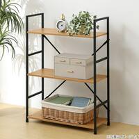 スチールオープンシェルフ (木棚3段 幅59cm ライトブラウン/ブラック)