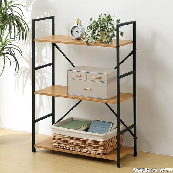 スチールオープンシェルフ (木棚3段 幅59cm ライトブラウン/ブラック) 1枚目画像