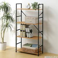 スチールオープンシェルフ (木棚4段 幅59cm ライトブラウン/ブラック)