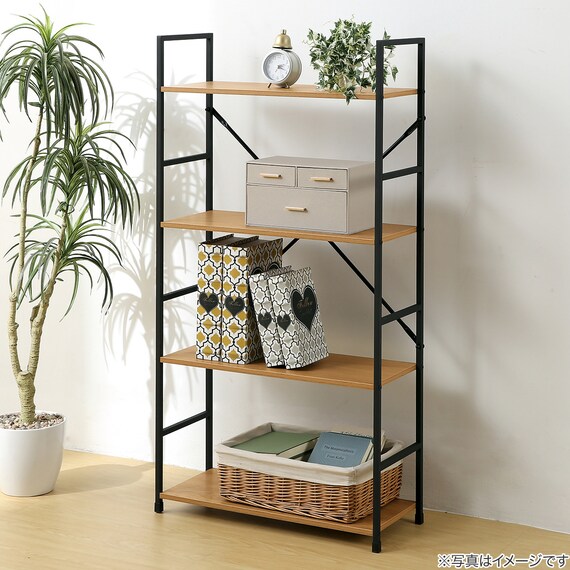 スチールオープンシェルフ (木棚4段 幅59cm ライトブラウン/ブラック) 1枚目画像