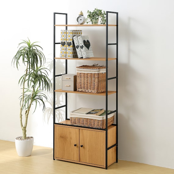 収納付き スチールオープンシェルフ 4段(ライトブラウン/ブラック) 1枚目画像