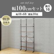 幅100cmセット奥行スリムNP2 【幅40+60/棚板10枚】突っ張り壁面収納Nポルダ スリムタイプ2連