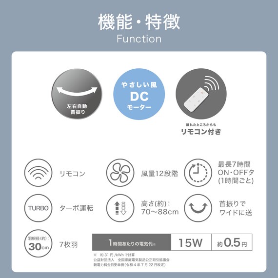 DCタイプ リモコン付きリビング扇風機(30cm FK01NR ダークグレー) 3枚目画像
