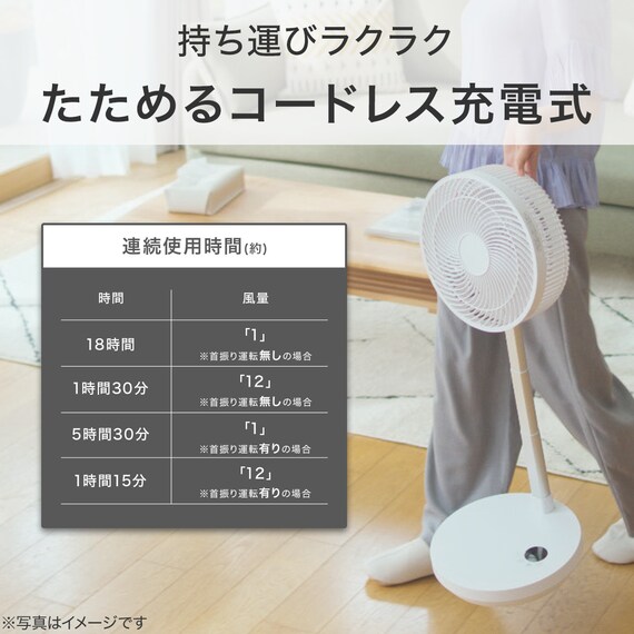DCタイプ 折りたためるコードレス扇風機(25cm FD04NR ホワイト) 4枚目画像