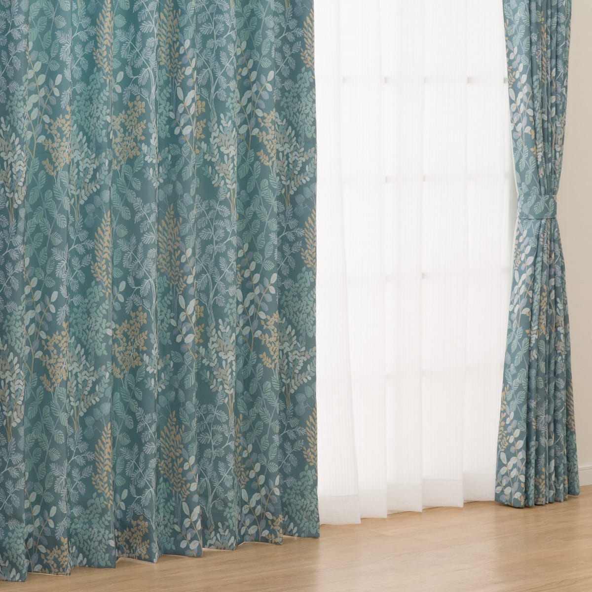 防炎裏地付きオーダーカーテン OD101 ブルー 2倍ヒダ(幅40-100/丈40