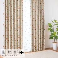 遮光3級・遮熱・保温・形状記憶・156サイズ カーテン（線画ししゅう）BE ※オリジナルクッションカバー付き