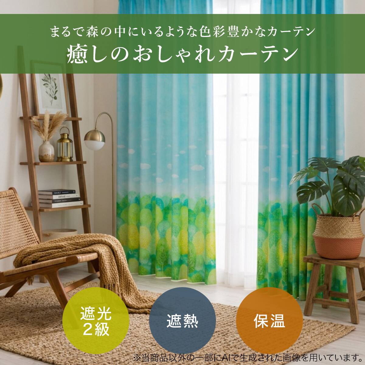 癒しのおしゃれカーテン】遮光2級・遮熱・保温182サイズカーテン Sky