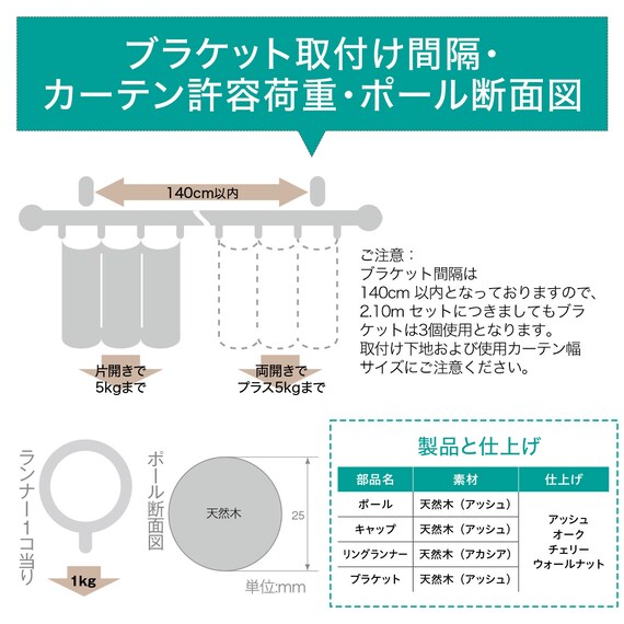 オーダーカーテンレール(NTノルディ25 Eセット オーク シングル1.20m) 9枚目画像