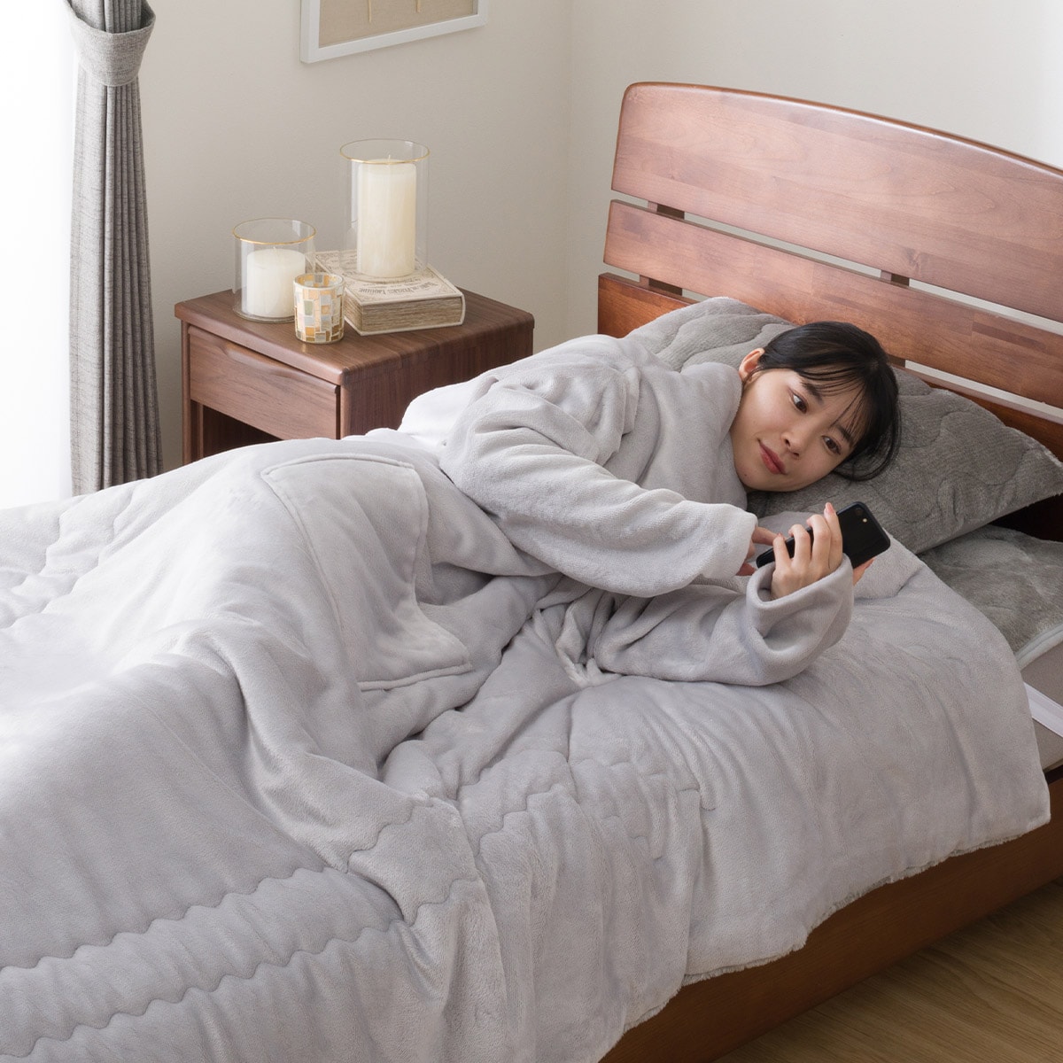 2枚合わせ袖付きスマホ毛布 シングル(NウォームWSP グレー A2514