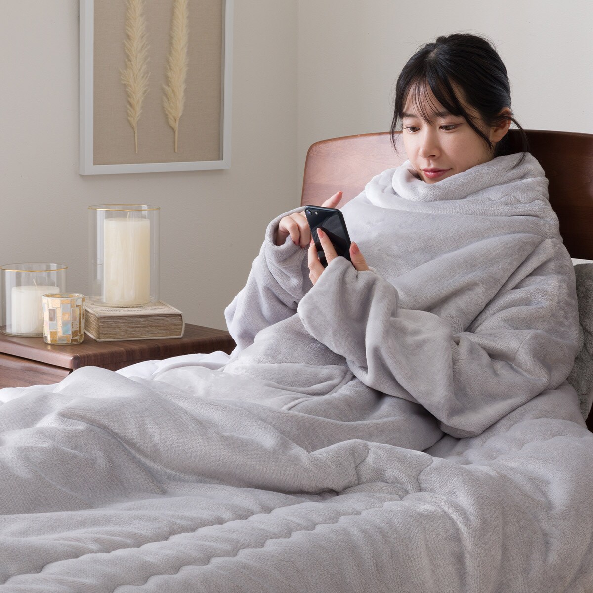 2枚合わせ袖付きスマホ毛布 シングル(NウォームWSP グレー A2514