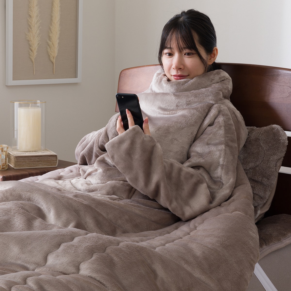 2枚合わせ袖付きスマホ毛布 シングル(NウォームWSP モカ A2514