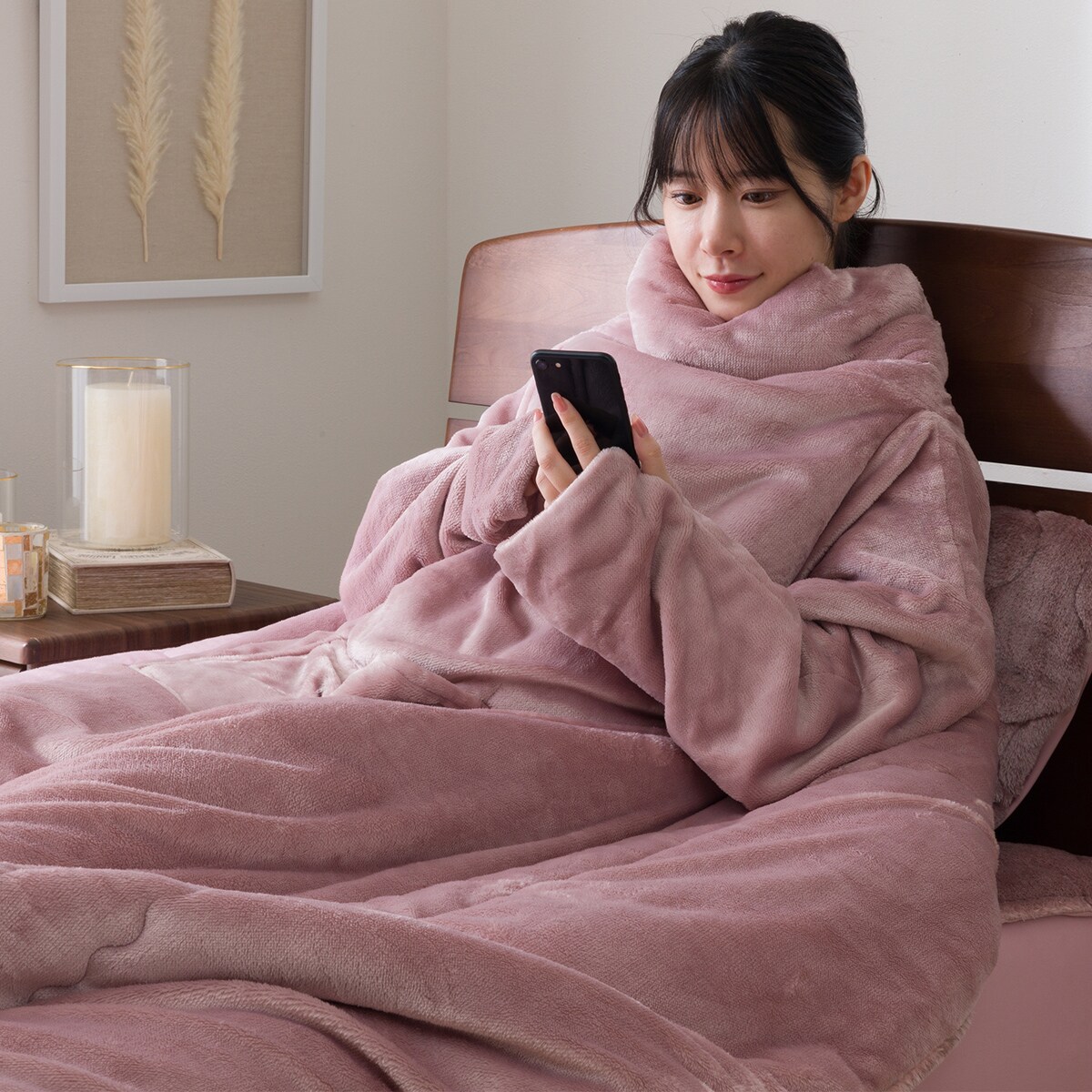 ニトリ　スマホ毛布　シングル　ピンク　グレイッシュローズ　毛布 2枚合わせ袖付きスマホ毛布 シングル(NウォームWSP グレイッシュローズ