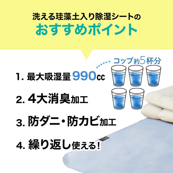 珪藻土・備長炭入り洗える除湿シート ダブル(ブルー T5) 8枚目画像