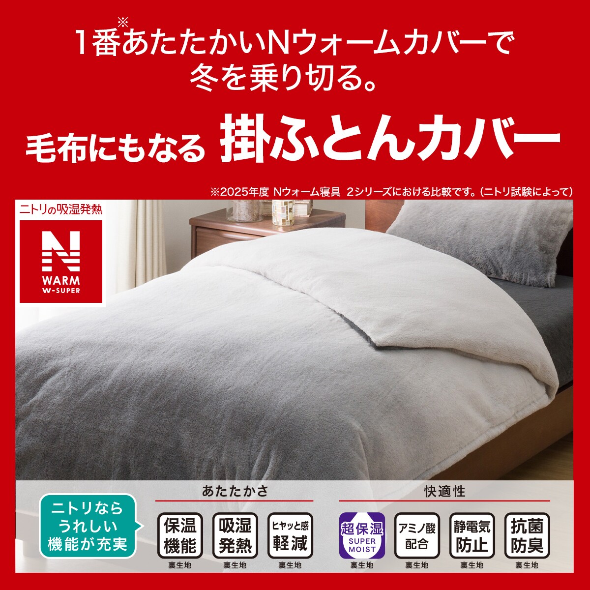 Nウォーム W super ニトリ 掛け布団 毛布 毛布にもなる掛け布団カバー クイーン(Nウォーム GY 24NW01 Q