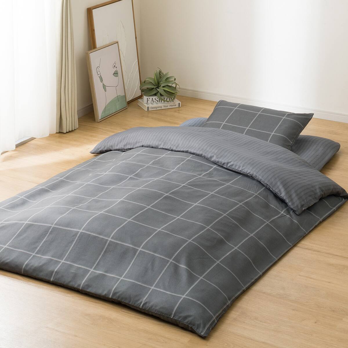 カバー付き 布団セット 6点 (S2602 シングル グレーウィンドウペン