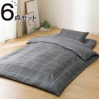 カバー付き 布団セット 6点 (S2602 セミダブル グレーウィンドウペン)