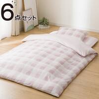 カバー付き 布団セット 6点 (S2605 シングル ローズチェック)
