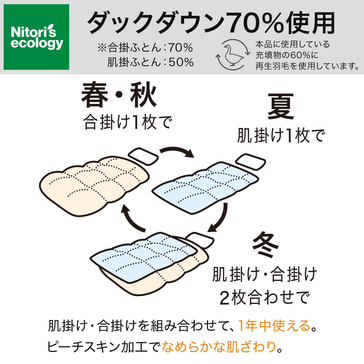 2枚合わせ 羽毛布団 ダックダウン 合掛け70％・肌掛け50％ クイーン