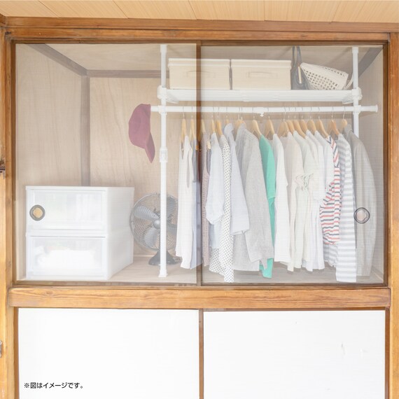 【簡単】ワンタッチ式 突っ張り押入れハンガーラック(伸縮棚付き) 2枚目画像