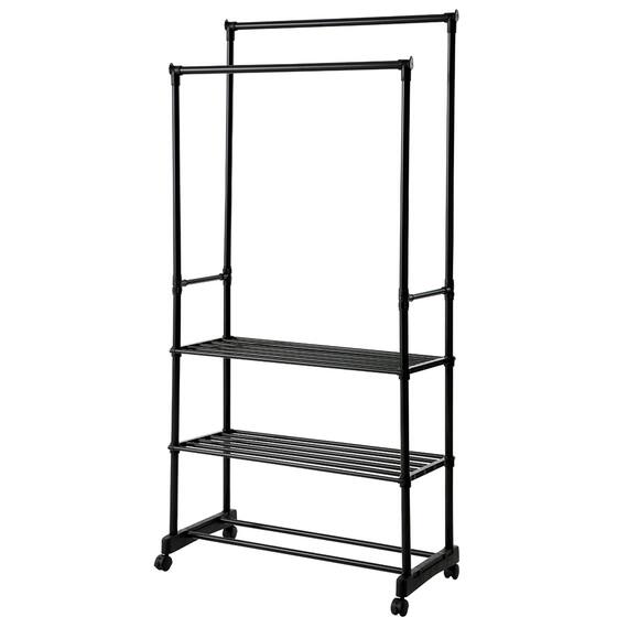 シェルフ付き 2段パイプハンガーラック(ブラック) 1枚目画像