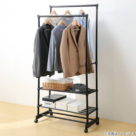 シェルフ付き 2段パイプハンガーラック(ブラック) 3枚目画像