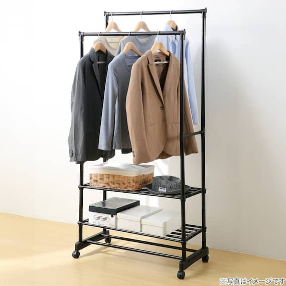 シェルフ付き 2段パイプハンガーラック(ブラック) 3枚目画像