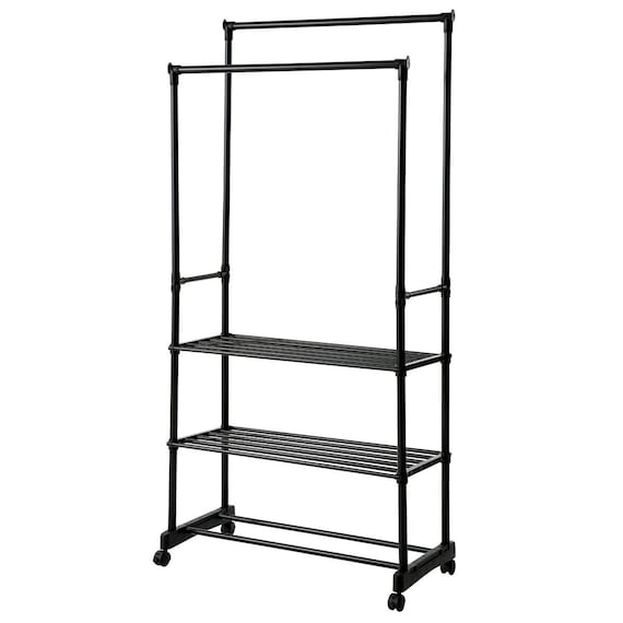 シェルフ付き 2段パイプハンガーラック(ブラック) 3枚目画像