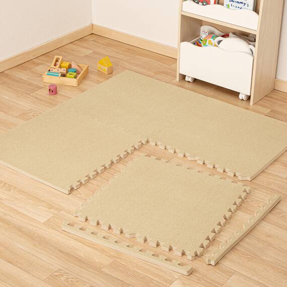 極厚2cm 制菌・抗菌・防音・滑り止め付き 起毛パズルマット4枚 ふち付き(ベージュ SN01 57×57cm) 1枚目画像