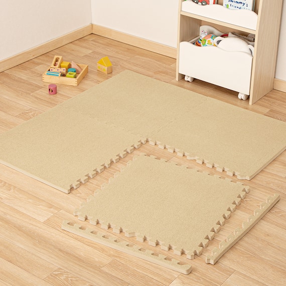 極厚2cm 制菌・抗菌・防音・滑り止め付き 起毛パズルマット4枚 ふち付き(ベージュ SN01 57×57cm) 1枚目画像