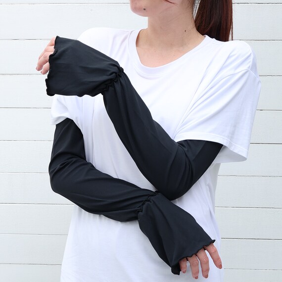 UVカット 冷感 リブフリル ロングアームカバー(ブラック TY26) 1枚目画像