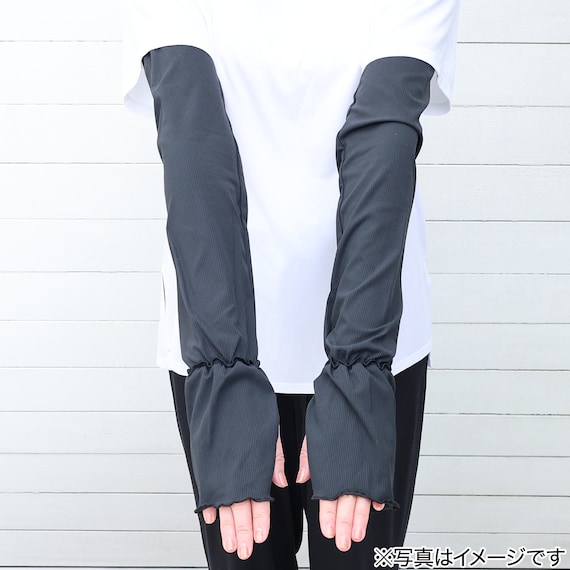 UVカット 冷感 リブフリル ロングアームカバー(ブラック TY26) 2枚目画像