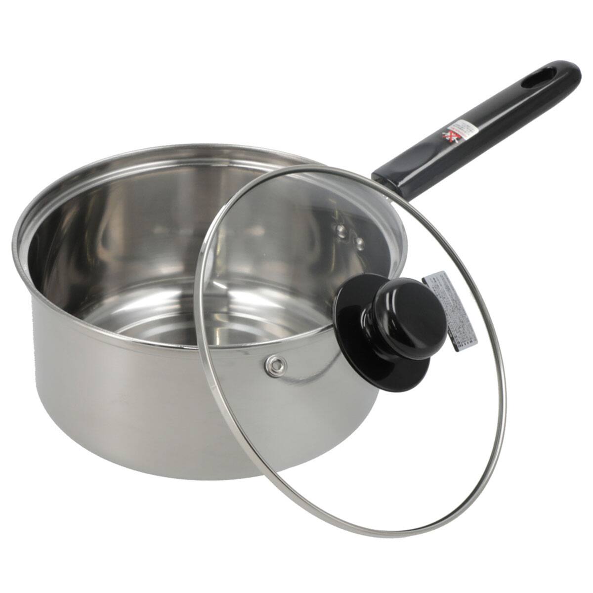 IH・ガス火 ステンレス製ガラス蓋付き 片手鍋 18cm (YH18)【島忠