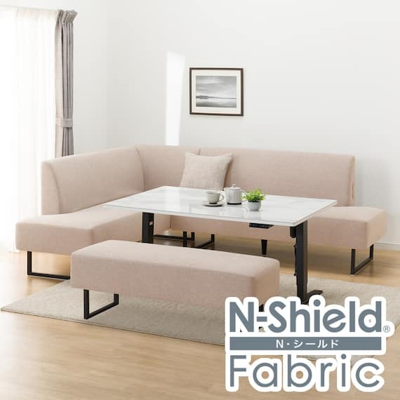 傷・汚れに強いファブリックリビングダイニング4点セット(JT341セラミック WH/LD2 右コーナーソファ/ベンチNSF-BE) 1枚目画像