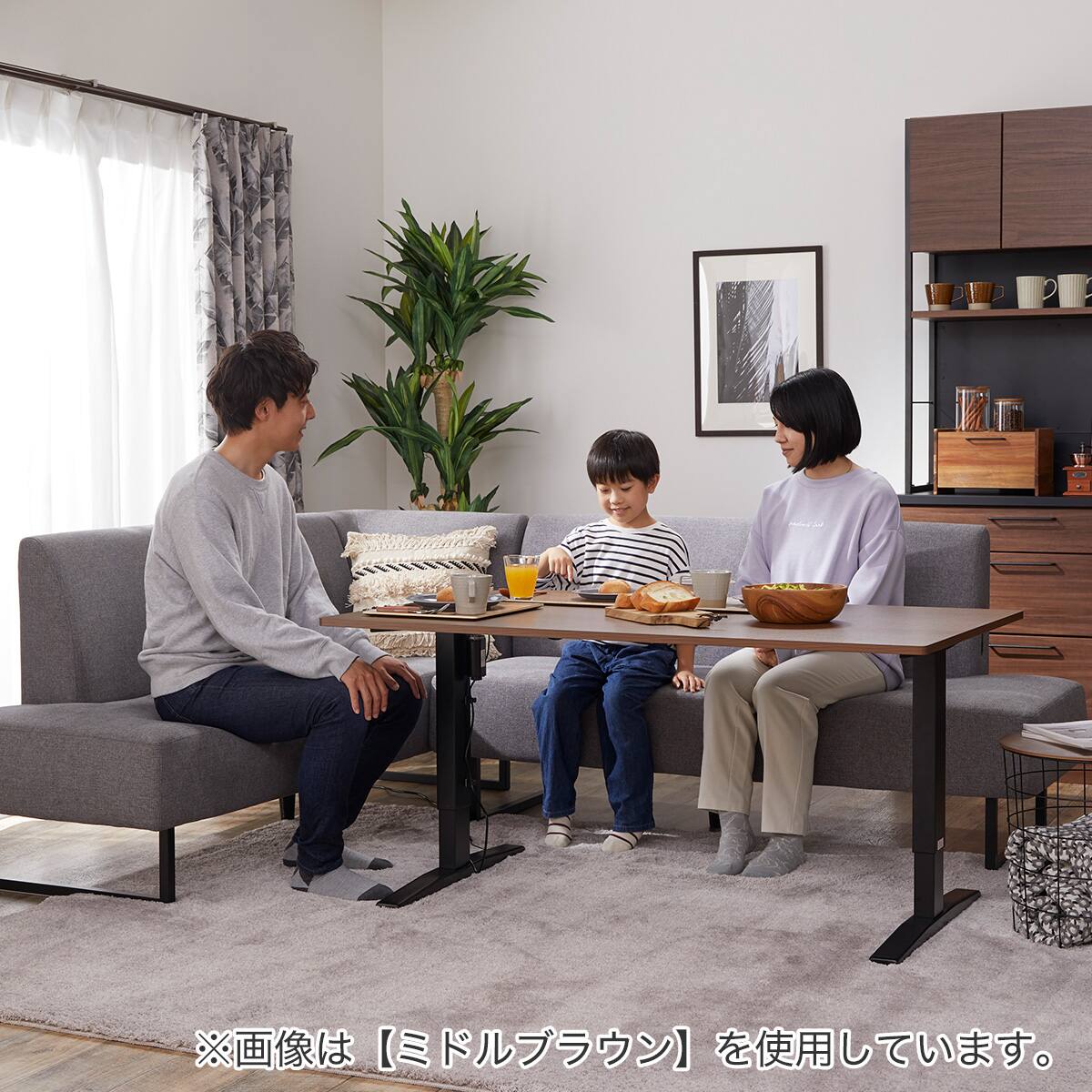ニトリ　昇降リビングテーブル　リヒティ 電動昇降リビングダイニング3点セット (JT341 135 MBR/LD2 布張り