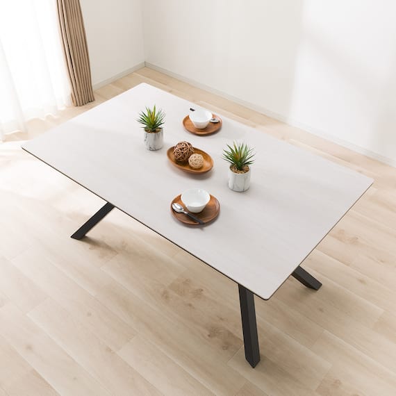 セラミックダイニングテーブル(セーラル150T トラバーチン柄ホワイト/スチール脚) 1枚目画像