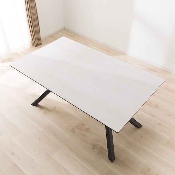 セラミックダイニングテーブル(セーラル150T トラバーチン柄ホワイト/スチール脚) 4枚目画像