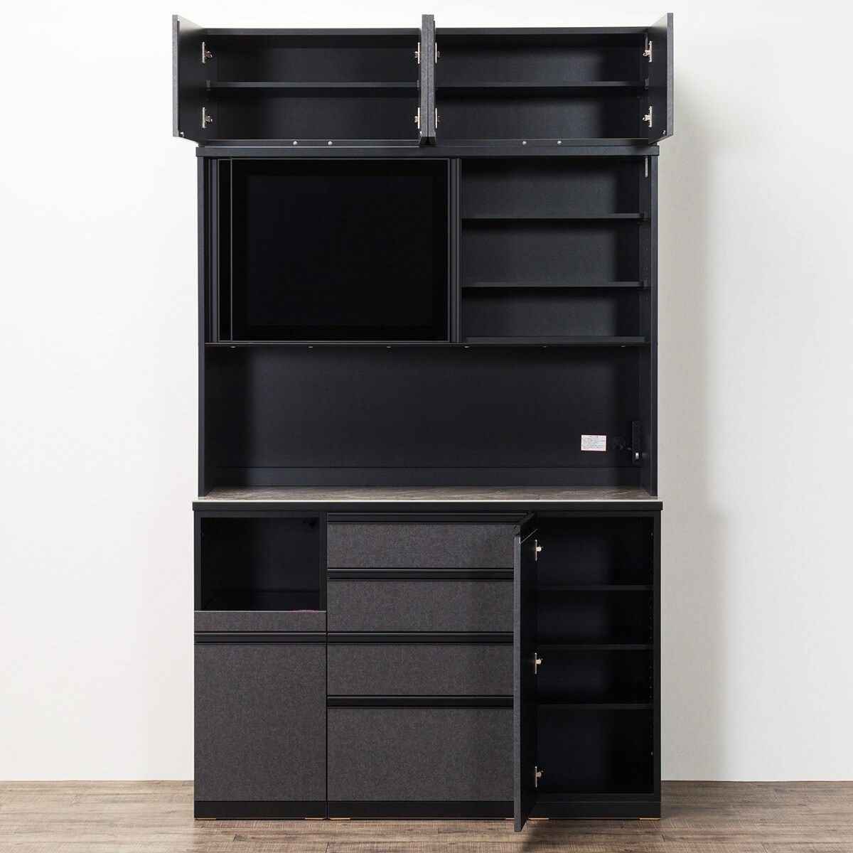 ニトリ 組み合わせキッチンボード リガーレ 140cm セラミック天板 キッチンボード(上置き付き セラミック天板リガーレ140KB BK/BK