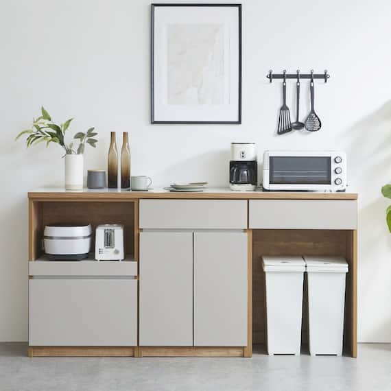 キッチン収納カウンター (幅180cm オープン+開き扉+ダスト GY) 1枚目画像