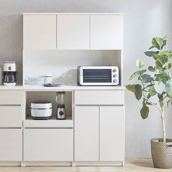 シンプルキッチンボード 120 (上オープン 下オープン+扉 WH) 1枚目画像