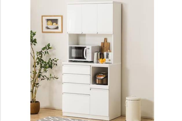 年末大幅値引！ ニトリ UV鏡面 食器棚 90 レジューム キッチンボード 高級 ニトリ（NITORI） 幅90 キッチンボード(レジューム 90AG-S WH/90QH-R