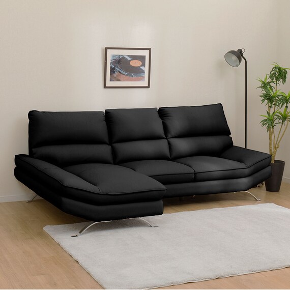 カウチソファ 本革(一部合成皮革)タイプ (FR03 右カウチ BK) 1枚目画像