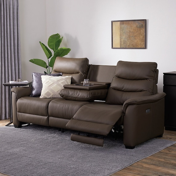 3人掛け電動リクライニングソファ テーブル付き 本革(一部合成皮革)タイプ (Nビリーバ3 BR) 1枚目画像