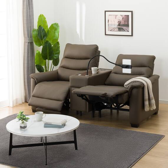 2人掛け電動リクライニングソファ 収納ユニット付き 本革(一部合成皮革)タイプ (Nビリーバ3 BR) 1枚目画像