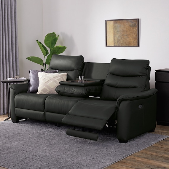 3人掛け電動リクライニングソファ テーブル付き 本革(一部合成皮革)タイプ (Nビリーバ3 BK) 1枚目画像