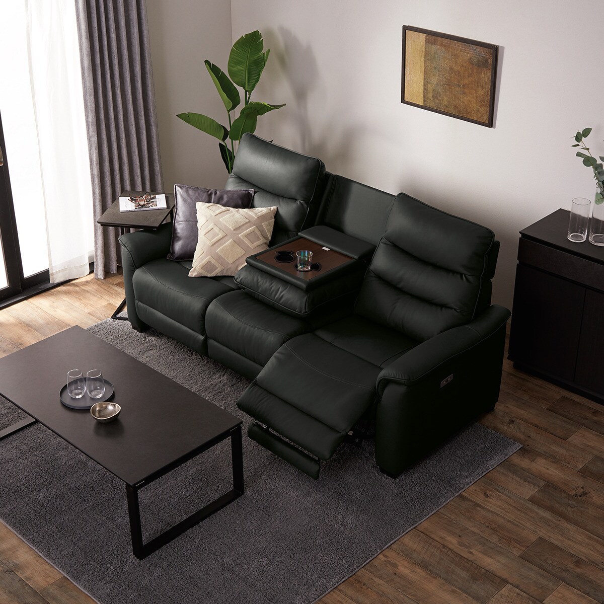 3人掛け電動リクライニングソファ テーブル付き 本革(一部合成皮革