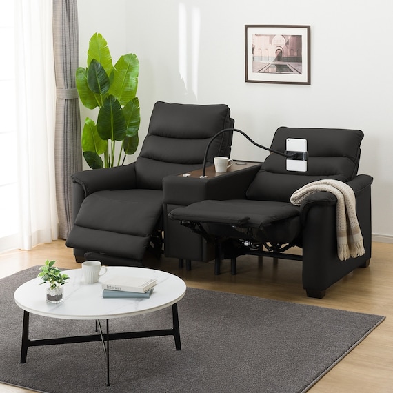 2人掛け電動リクライニングソファ 収納ユニット付き 本革(一部合成皮革)タイプ (Nビリーバ3 BK) 1枚目画像