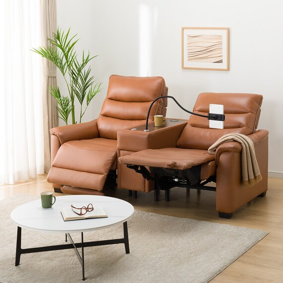 2人掛け電動リクライニングソファ テーブル付き 厚革(一部合成皮革)タイプ (Nビリーバ3 収納付き BR) 1枚目画像